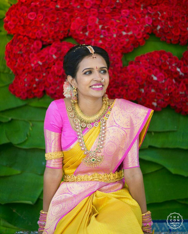 pink and yellow kanjeevaram saree