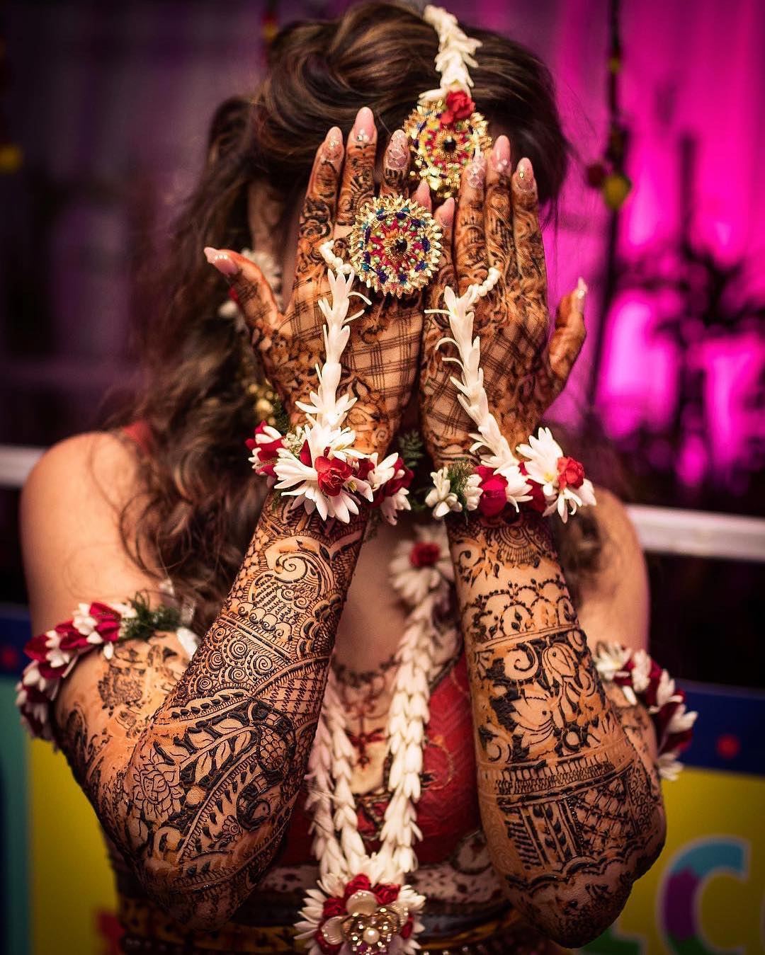 bride, henna hands, mehendi hands, indian wedding, indian bride, floral hathphool, floral jewellery, mehendi ceremony, pre wedding ceremony, white flowers, wedding photography