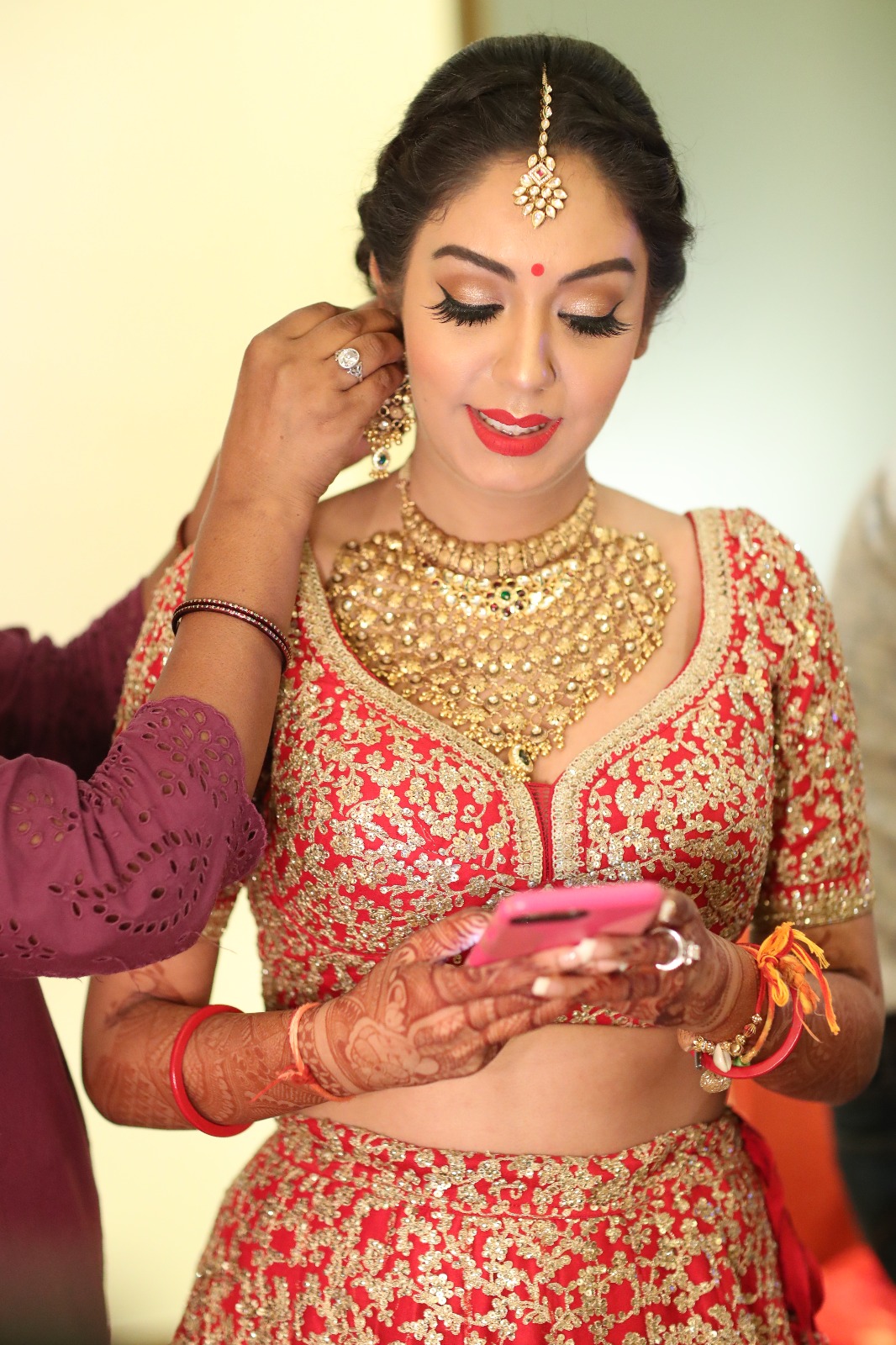 Bridal Makeup, India Bride, Indian Bridal Makeup, Red Lehenga, Red Bridal Look, Red Bindi, Red Lipstick
