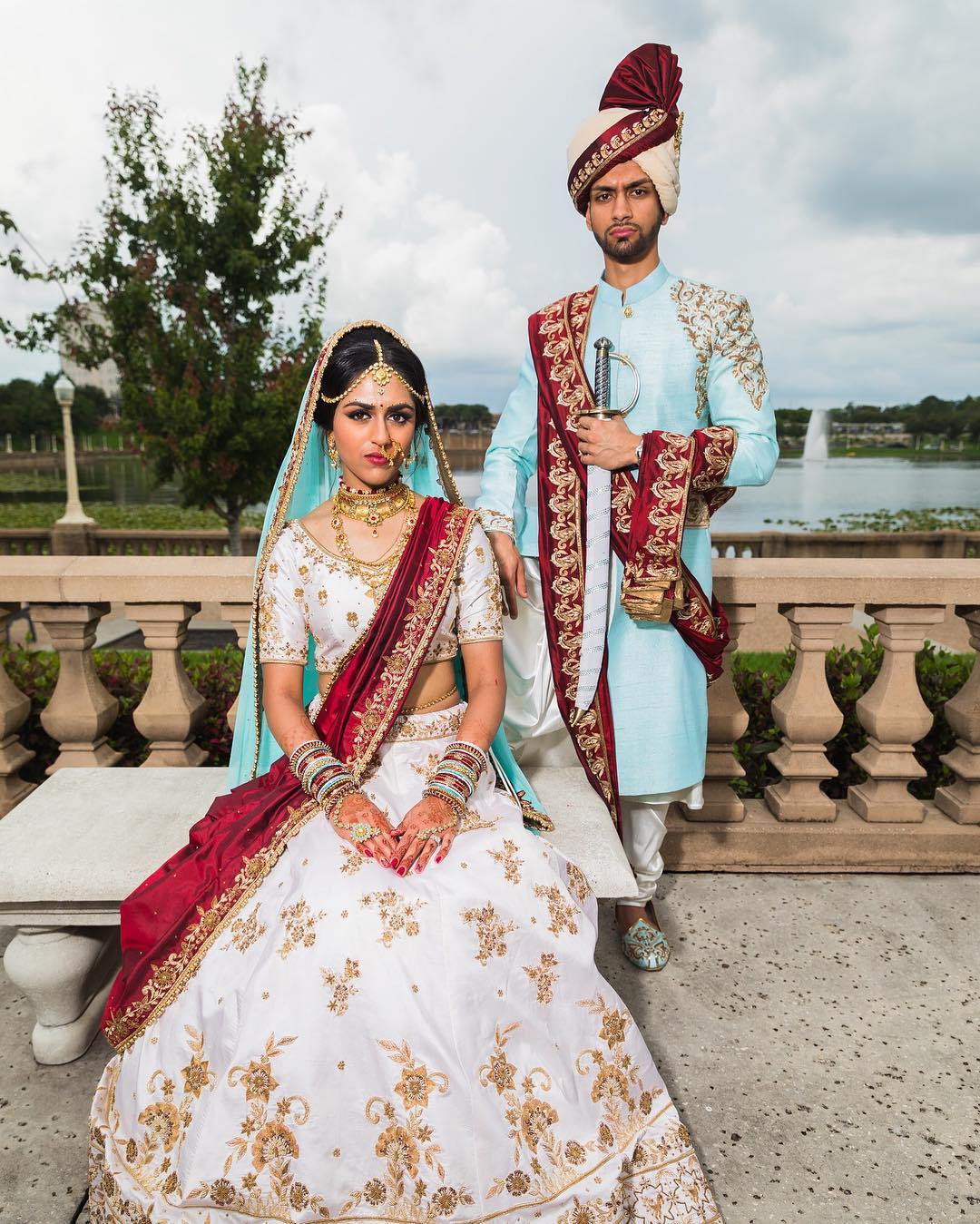 Colour Coordinated Couple Outfit Ideas, bridal outfit ideas, groom outfit ideas, blue bridal lehenga, sherwani ideas, groom accessories, bridal jewellery