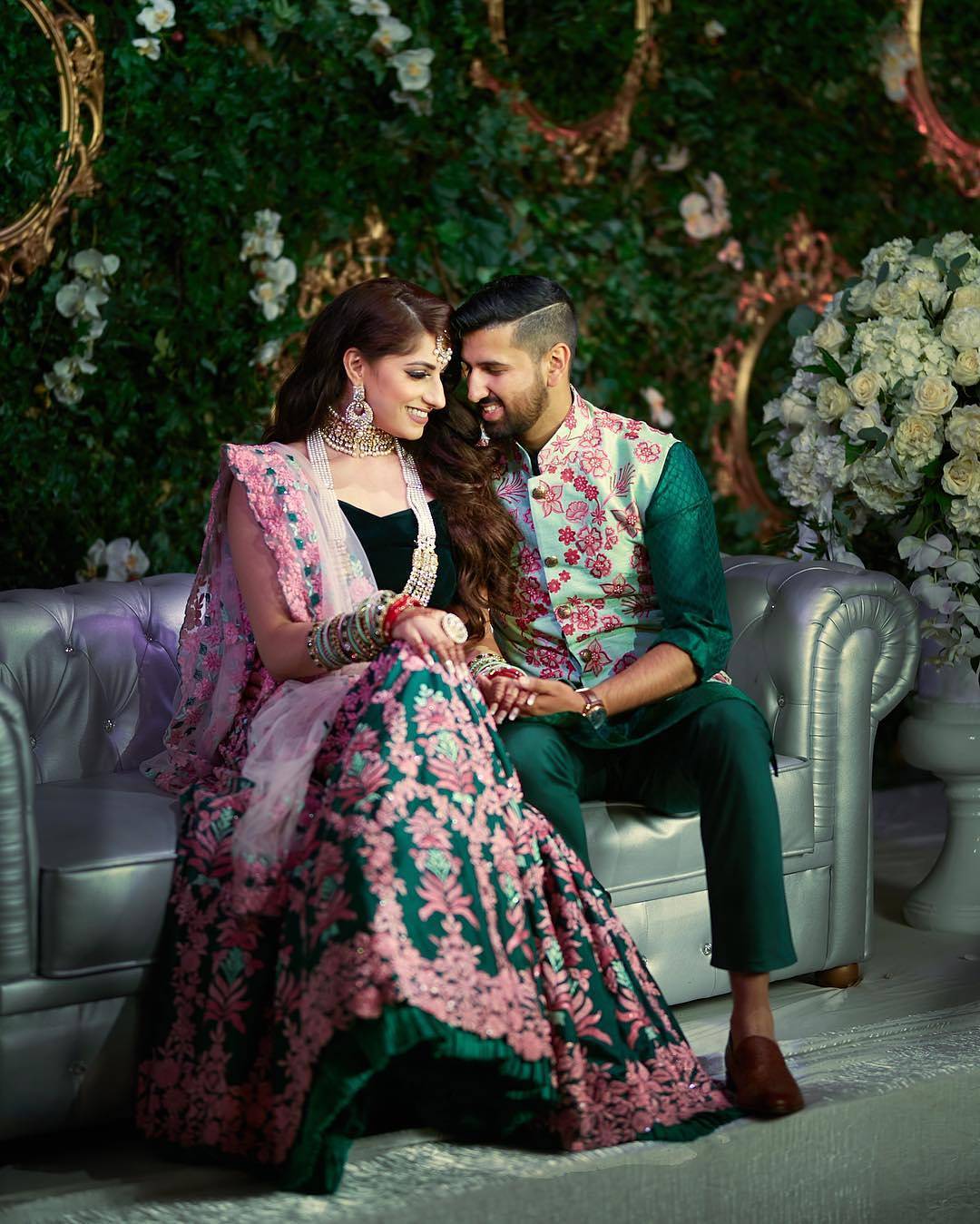 Colour Coordinated Couple Outfit Ideas, bridal outfit ideas, groom outfit ideas, green bridal lehenga, sherwani ideas, groom accessories, bridal jewellery, nehru jacket ideas, floral nehru jacket