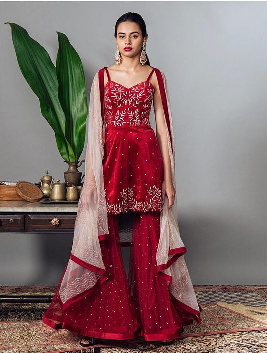 sharara suit, velvet outfits for bride