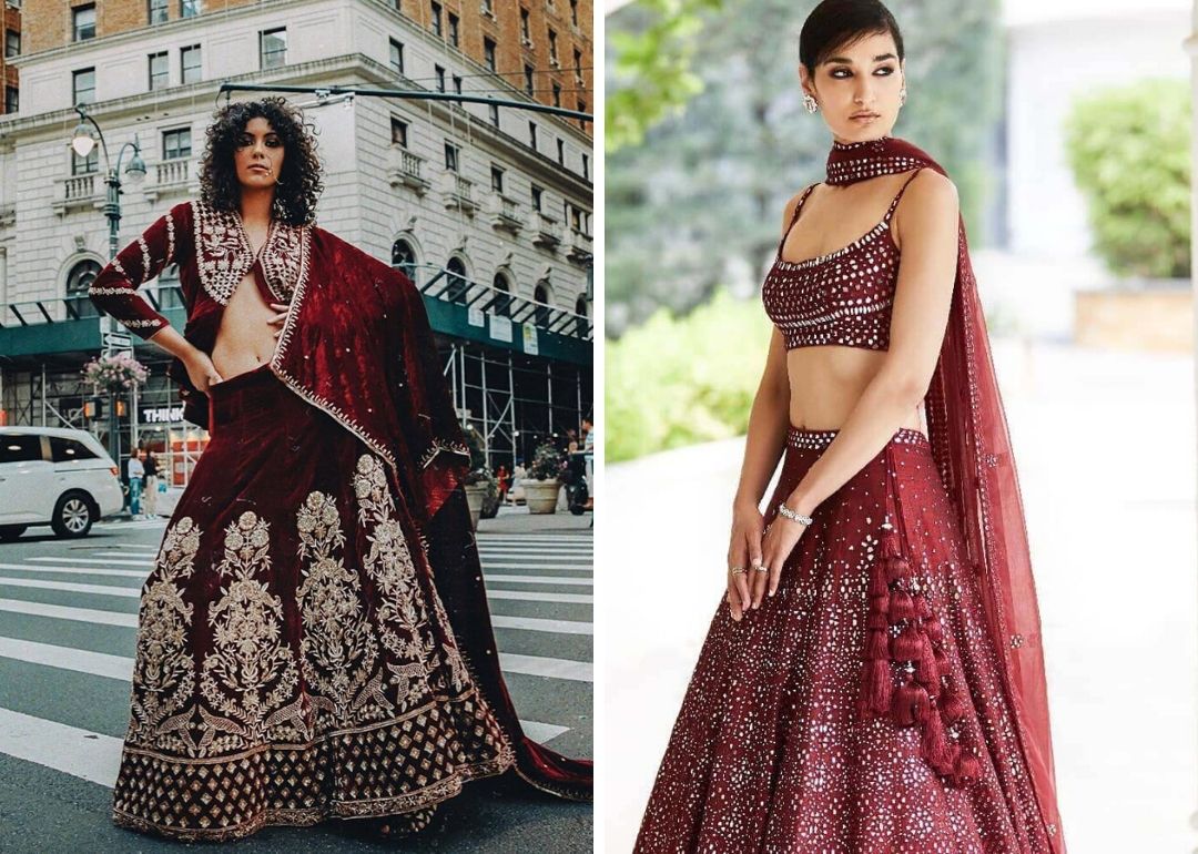 Majestic Maroon A-Line Embroidered Designer Lehenga Choli With Contras –  Saris and Things
