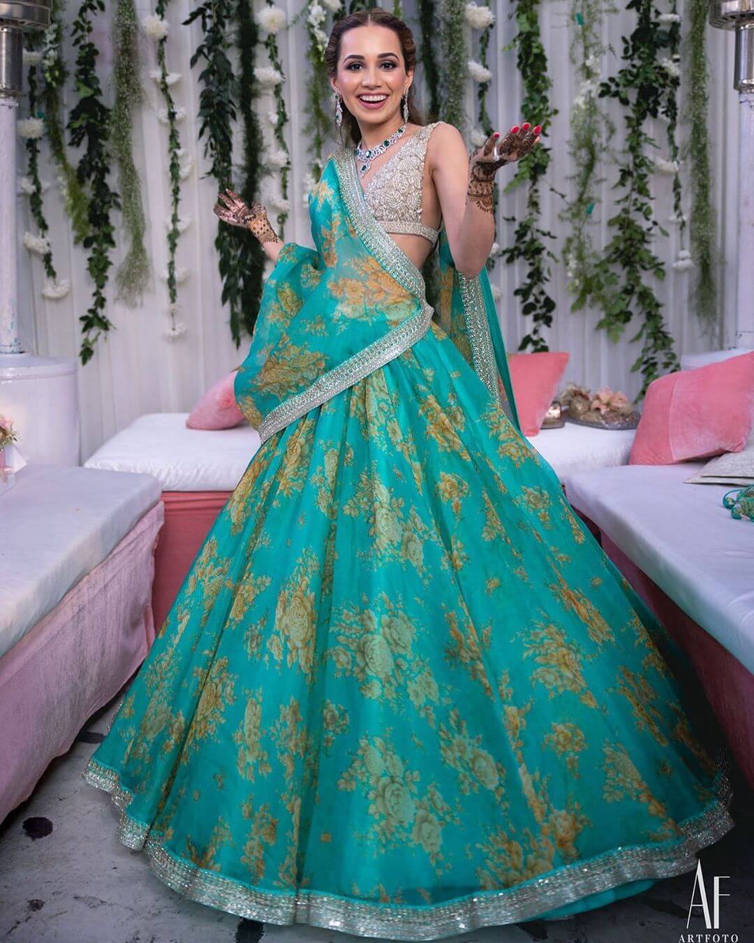 Wedding brida yellow and mehndi green color with gota dabka zari nagh –  Nameera by Farooq