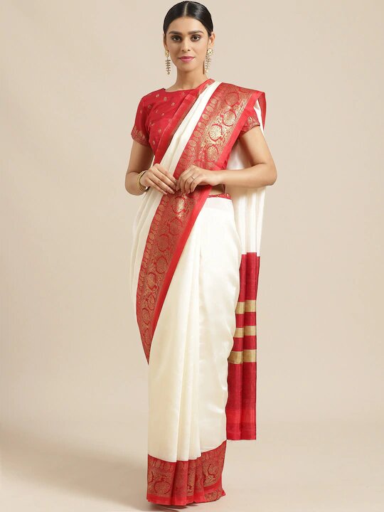 Agamoni Durga Puja Collection Red & White Tant Saree – ShopBollyWear.Com