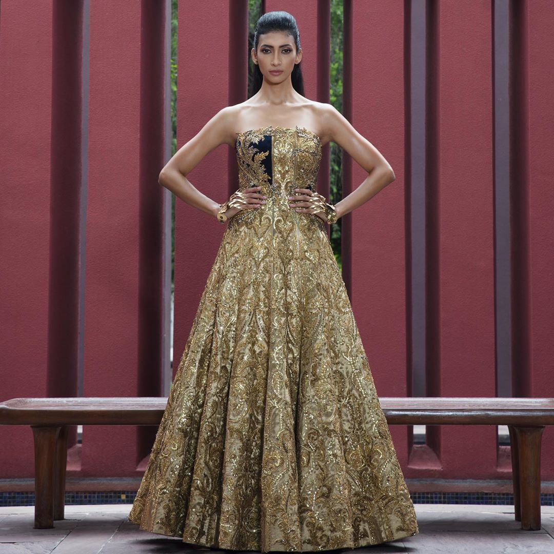 Indo-Western Golden Gown, Engagement gowns for brides