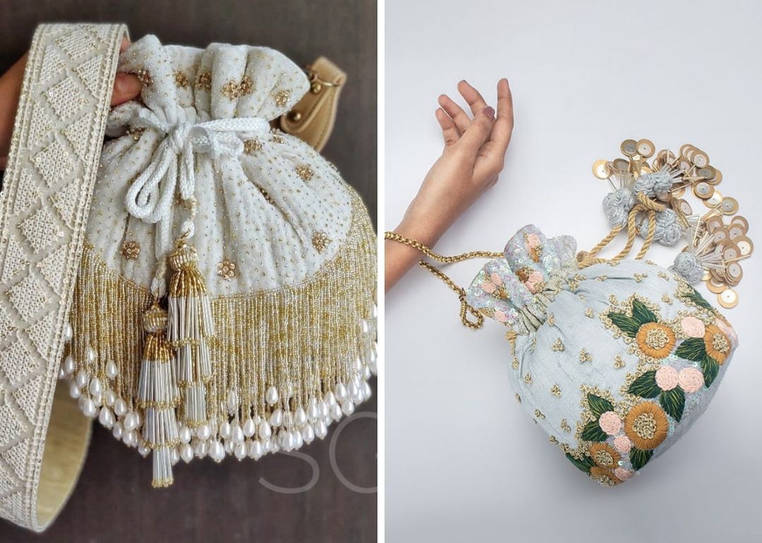 handmade wedding bag handbag designer potli bridal potli White velvet potli bag hand embroidery