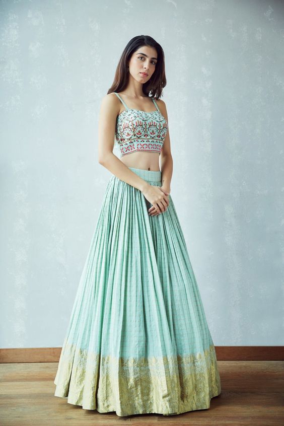 Looking for silk lehenga choli Store Online with International Courier? |  Blue pleated skirt, Party wear indian dresses, Simple lehenga