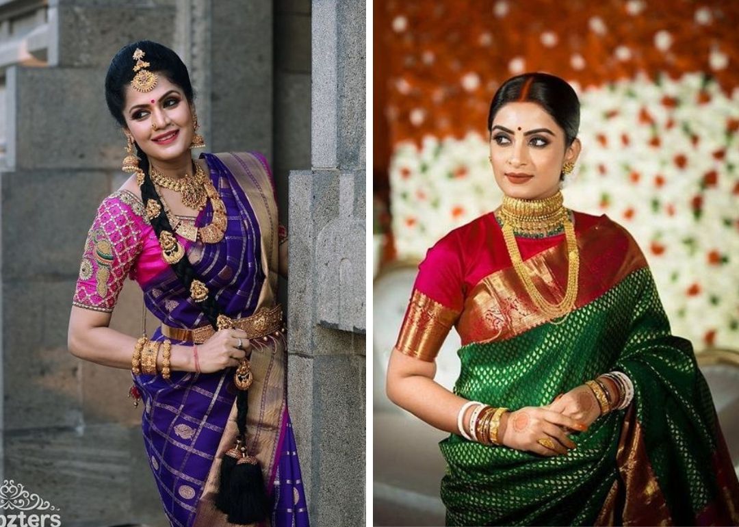 Details about   Indian Designer Kanchipuram Silk Sari With Contrast Matching Blouse