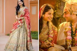 bride in red and olive green lehenga