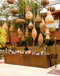 cane & wicker baskets as ceiling decor