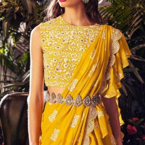 yellow ruffle saree