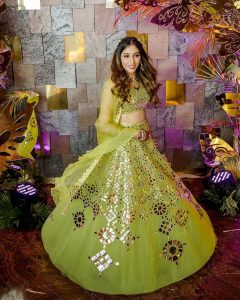 gold work neon green lehenga