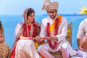 red and white bridal lehenga