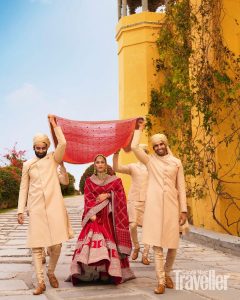 Masaba Gupta wearing red Sabyasachi lehenga