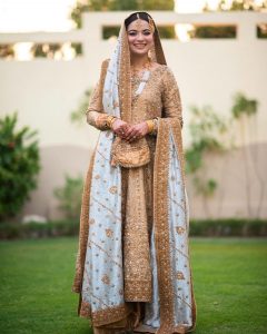 Gold Anarkali with blue dupatta