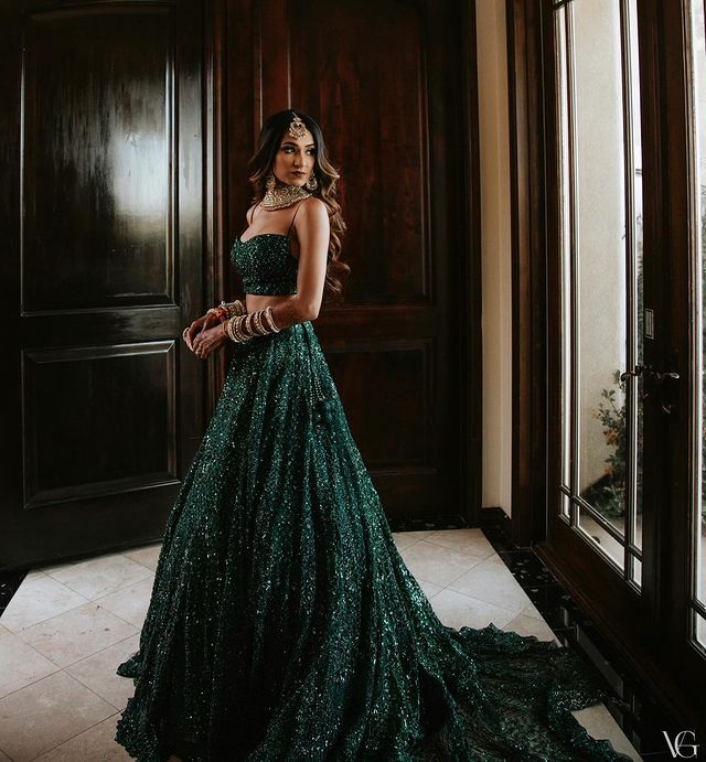 Emerald Green Sequin Lace Ball Gown Long Sleeve Wedding Dress 67368 vi   Viniodress