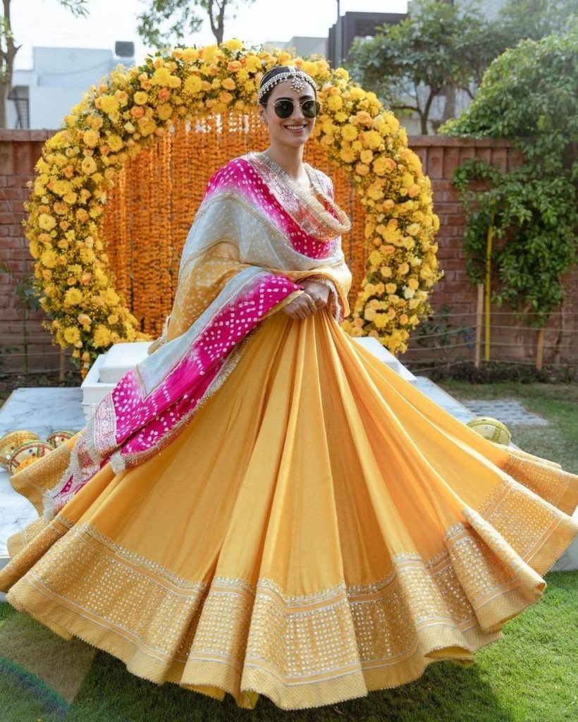 Shaded Yellow And Pink Designer Lehenga Set - Desi Royale