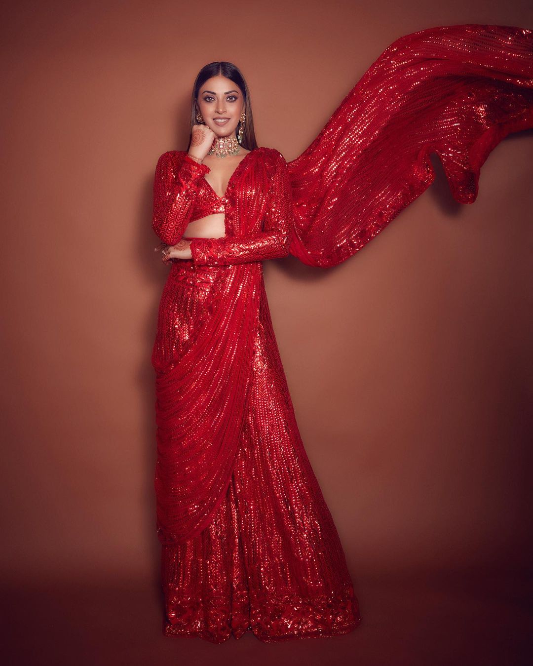 red shimmer saree