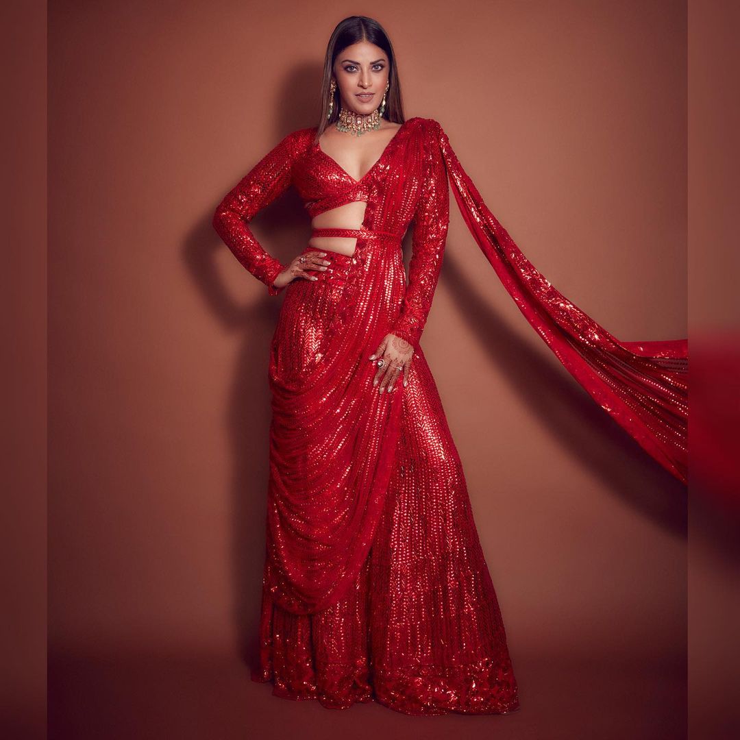 red metallic saree