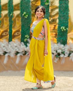 yellow pre-draped saree