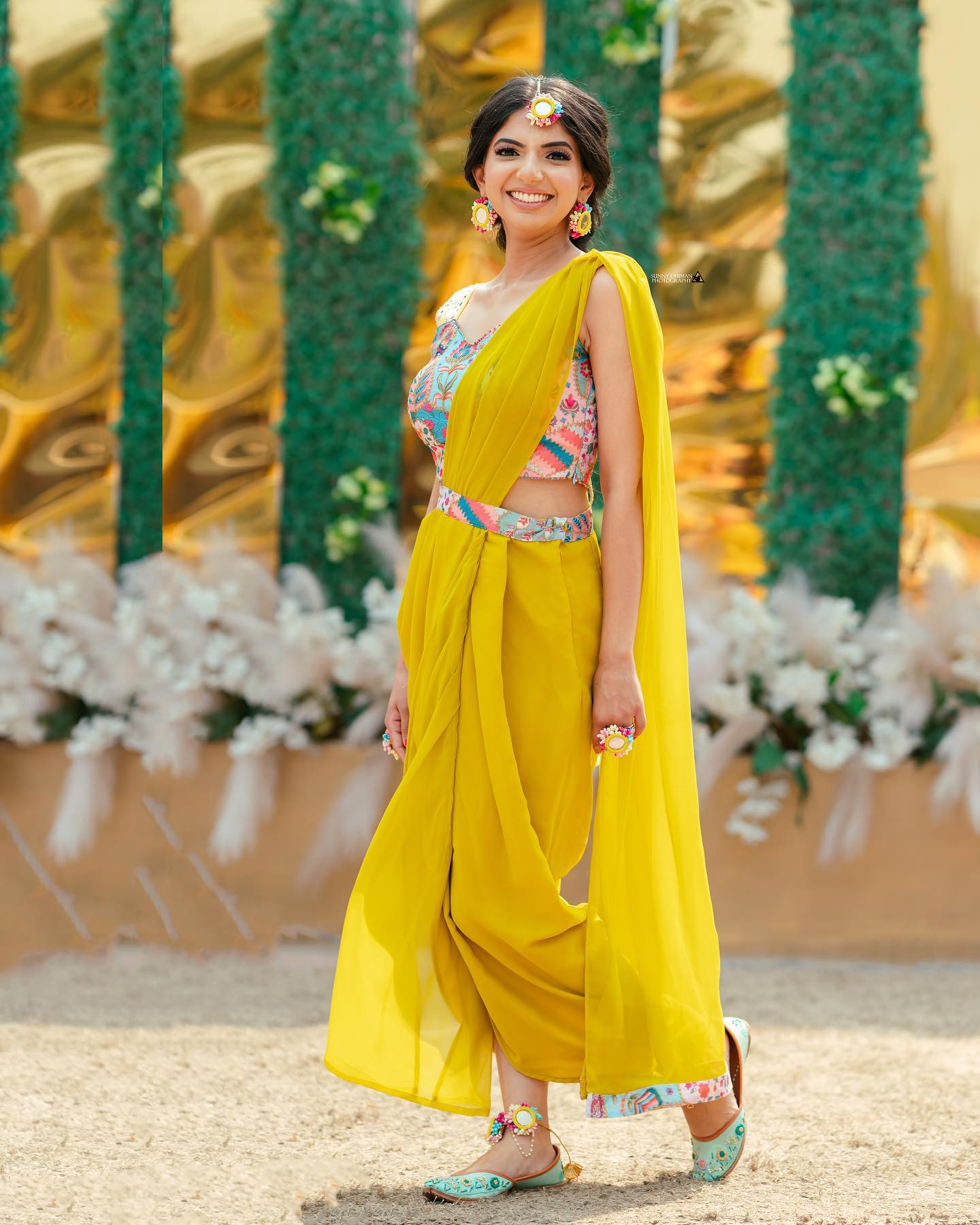 yellow pre-draped saree