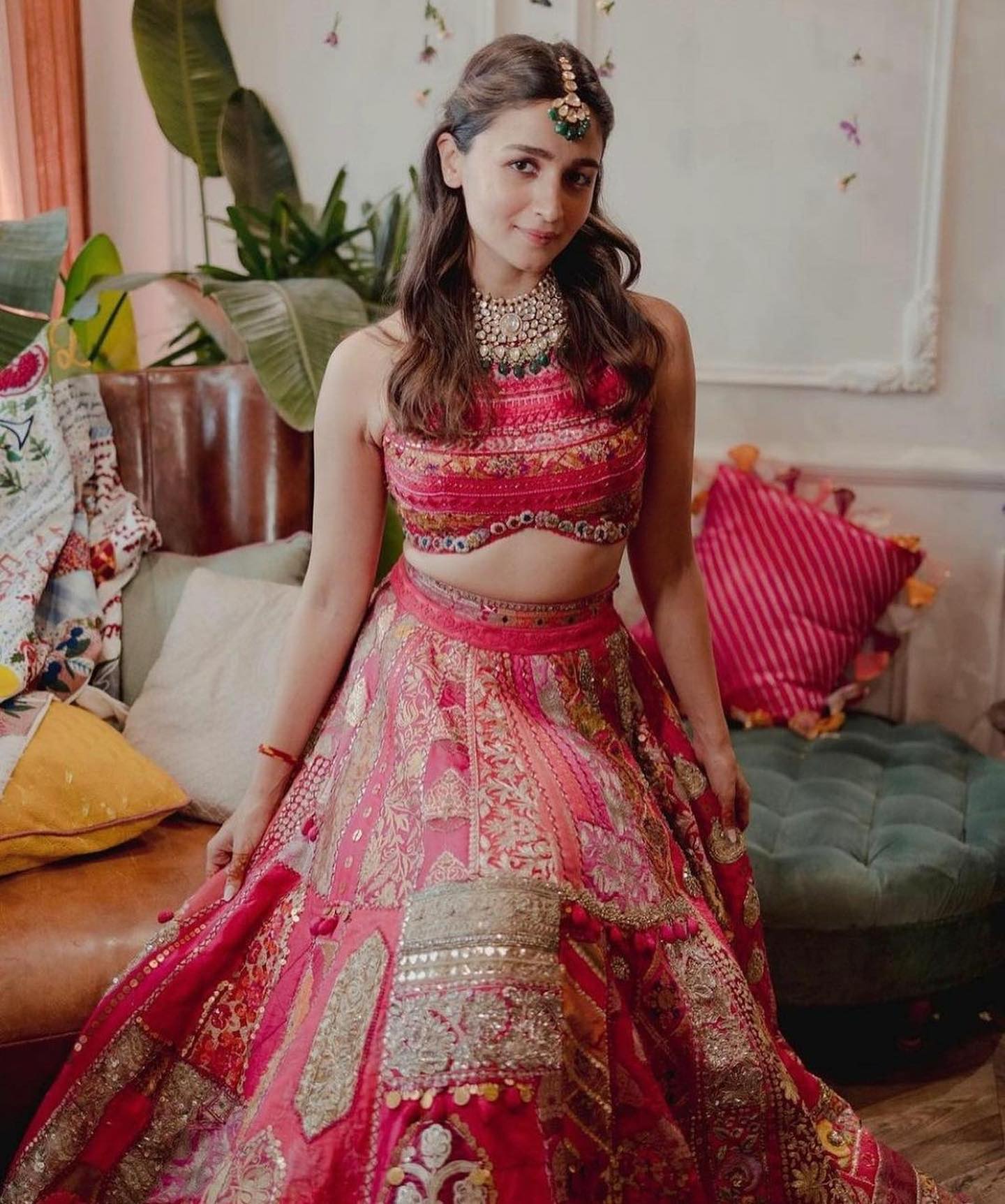 Buy Pink Lehenga with a crop top in zardozi embroidery, crop top comes in  sleeveless with a corset neckline