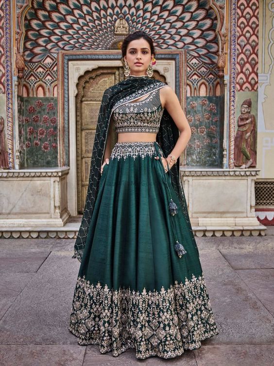 Buy Designer Lehenga - Dark Green Zari Embroidery Wedding Lehenga Choli