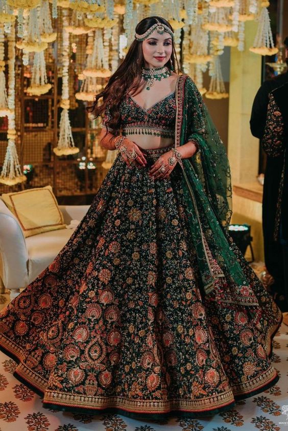 Gracefully Designer Green Color Embroidered Silk Lehenga For Marriage