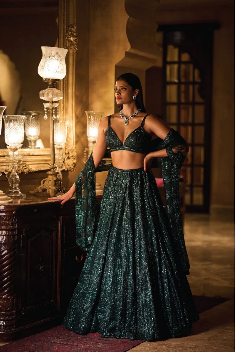 15+ Latest Bottle Green Lehenga Designs For Brides-To-Be